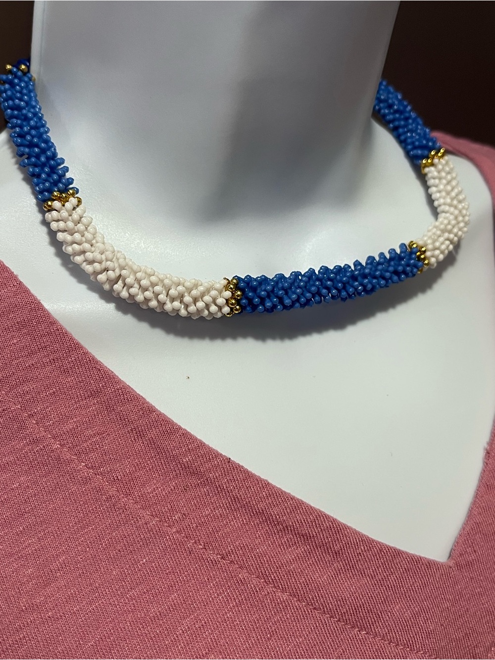 Handcrafted Blue and White Beaded Necklace